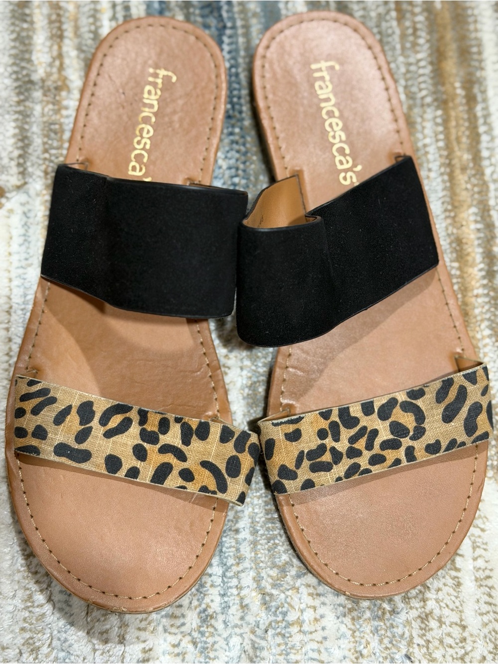 Francesca's Black and Leopard-Print Double Strap Slide Sandals